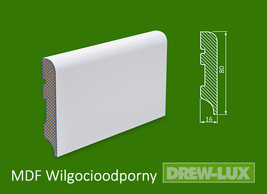 Listwa przypodłogowa MDF biała lakierowana  - 80 x 16 R10 PLUS - wilgocioodporna